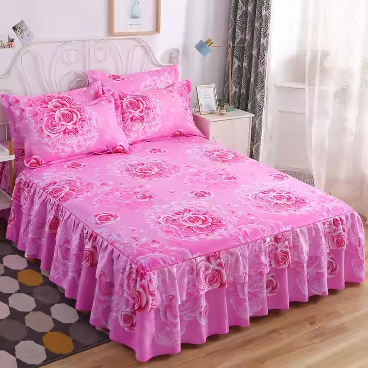 Pink Printed King size Bed Skirts Set + 2 Pillow Covers