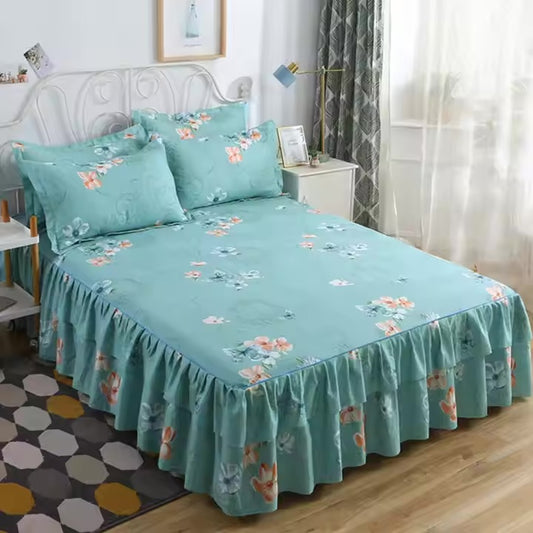 Green Floral King size Bed Skirts Set + 2 Pillow Covers