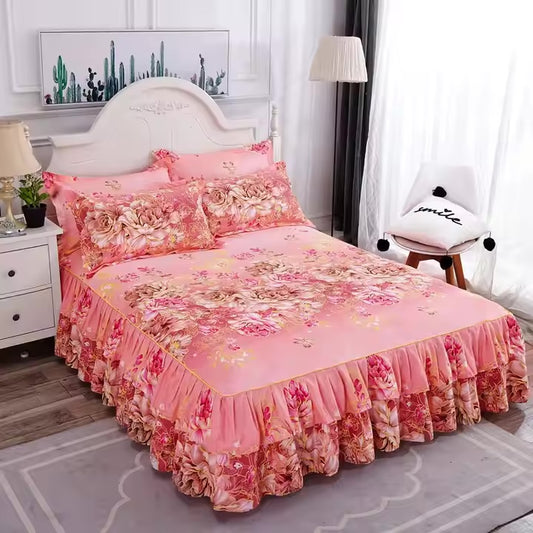 Peach King size Bed Skirts Set + 2 Pillow Covers