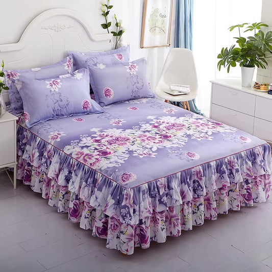 Purple Floral King size Bed Skirts Set + 2 Pillow Covers