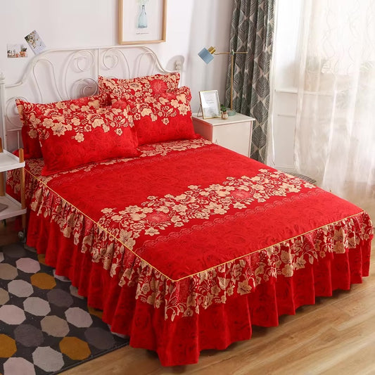 Red With Golden Flowers King size Bed Skirts Set + 2 Pillow Covers