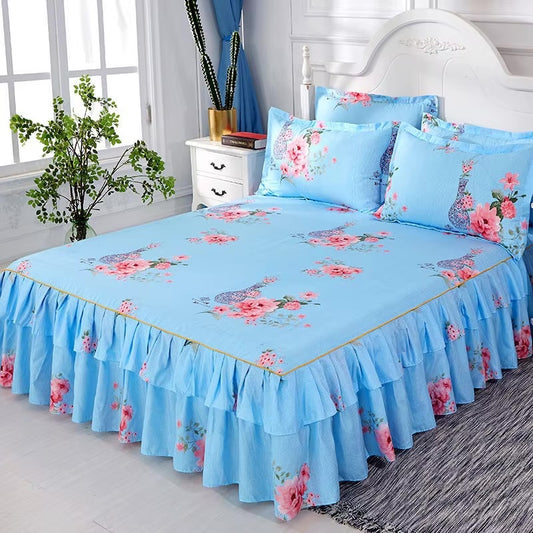 Pink Floral King size Blue Bed Skirts Set + 2 Pillow Covers
